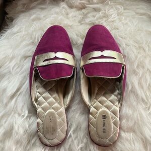 Birdie’s Suede Slip On Mule Loafer, Berry & Gold, women’s size 9